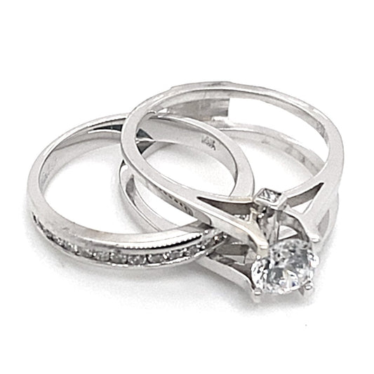 14K WHITE GOLD CZ CENTER (5.25MM RBC) .30 CT TW NATURAL DIAMOND ACCENT INTERLOCKING WEDDING RING SET