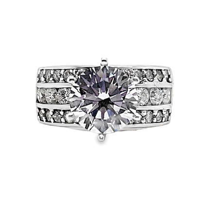 14K WHITE GOLD CZ CENTER (8MM RBC) 1.10 CT TW NATURAL ROUND BRILLIANT ACCENT CHANNEL SET CENTER WITH PAVE EDGE RING