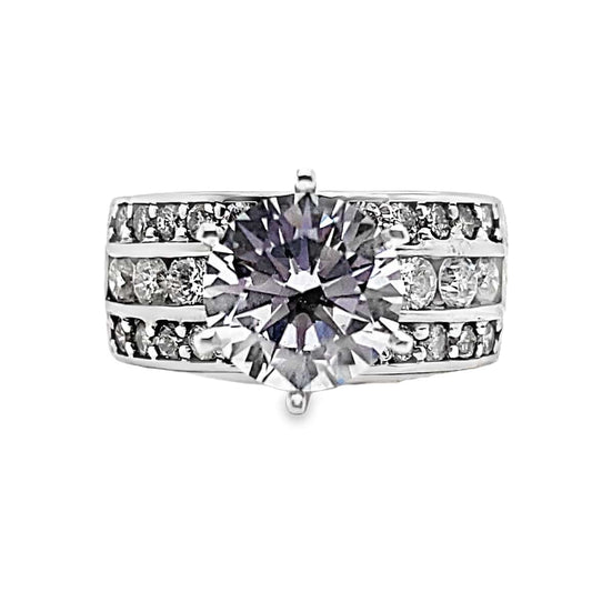 14K WHITE GOLD CZ CENTER (8MM RBC) 1.10 CT TW NATURAL ROUND BRILLIANT ACCENT CHANNEL SET CENTER WITH PAVE EDGE RING