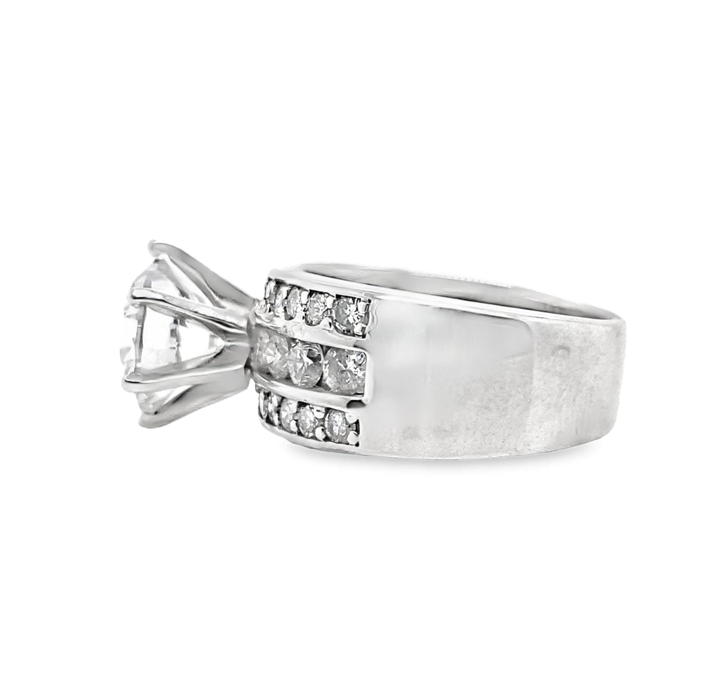 14K WHITE GOLD CZ CENTER (8MM RBC) 1.10 CT TW NATURAL ROUND BRILLIANT ACCENT CHANNEL SET CENTER WITH PAVE EDGE RING