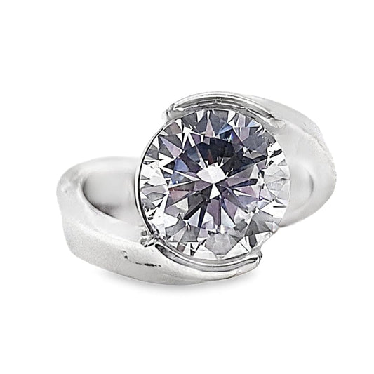 14K WHITE GOLD CZ (9.5MM RBC) CENTER .20 CT TW NATURAL ROUND BRILLIANT DIAMOND ACCENT HALF BEZEL BYPASS STYLE RING