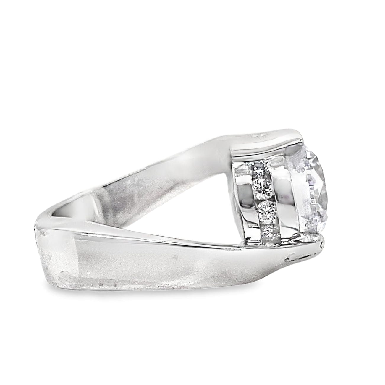 14K WHITE GOLD CZ (9.5MM RBC) CENTER .20 CT TW NATURAL ROUND BRILLIANT DIAMOND ACCENT HALF BEZEL BYPASS STYLE RING