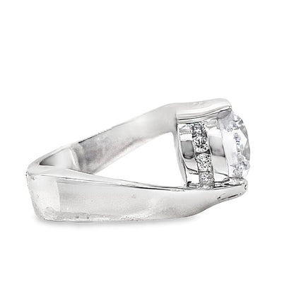 14K WHITE GOLD CZ (9.5MM RBC) CENTER .20 CT TW NATURAL ROUND BRILLIANT DIAMOND ACCENT HALF BEZEL BYPASS STYLE RING