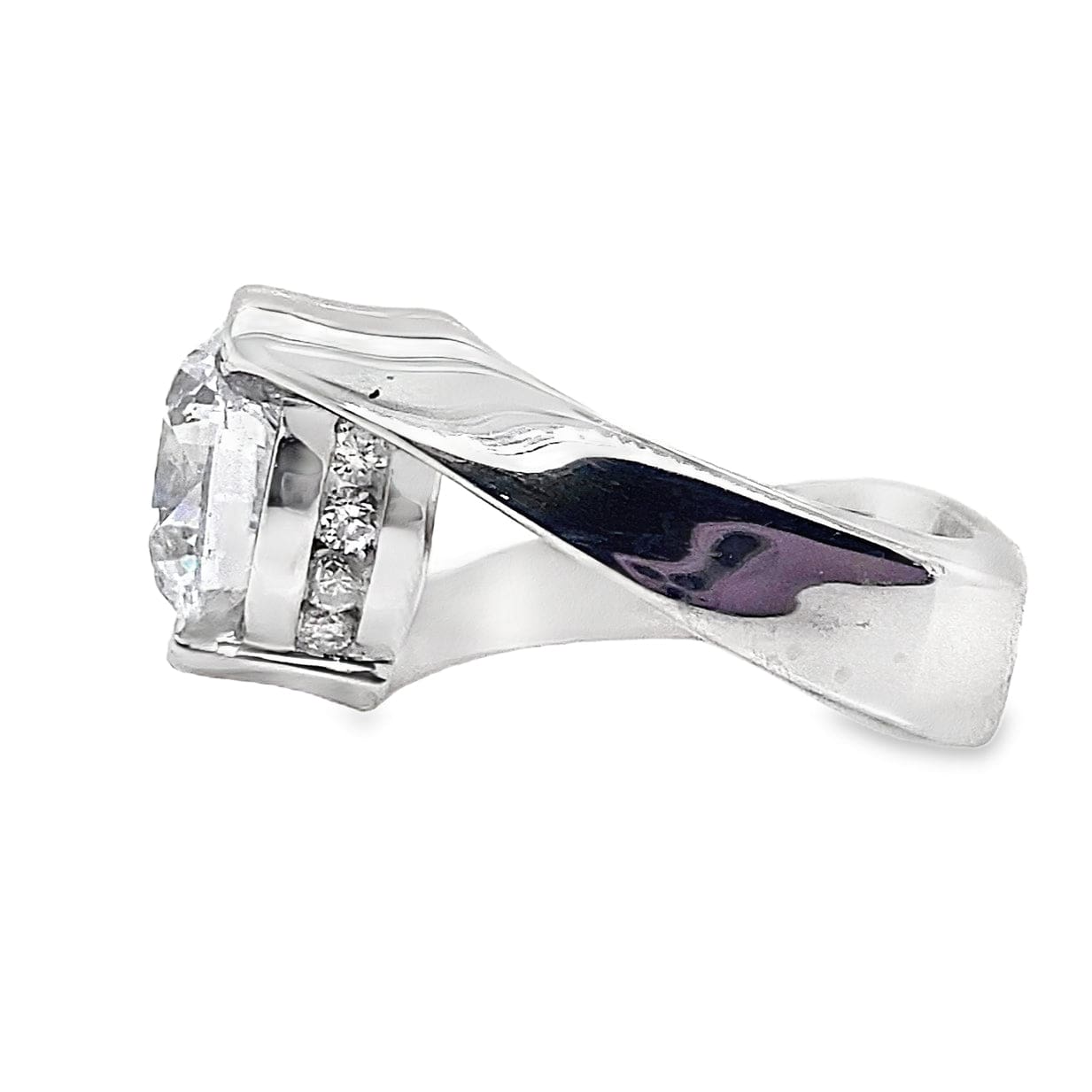 14K WHITE GOLD CZ (9.5MM RBC) CENTER .20 CT TW NATURAL ROUND BRILLIANT DIAMOND ACCENT HALF BEZEL BYPASS STYLE RING