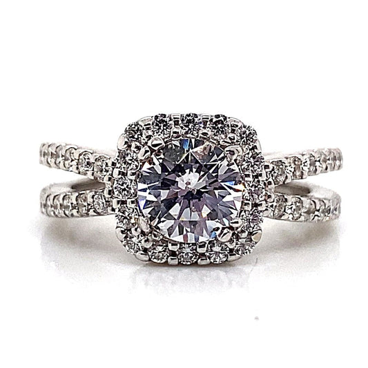 18K WHITE GOLD CZ CENTER (7MM RBC) .55 CT TW NATURAL ROUND BRILLIANT DIAMOND ACCENT CUSHION HALO SPLIT SHANK STYLE RING