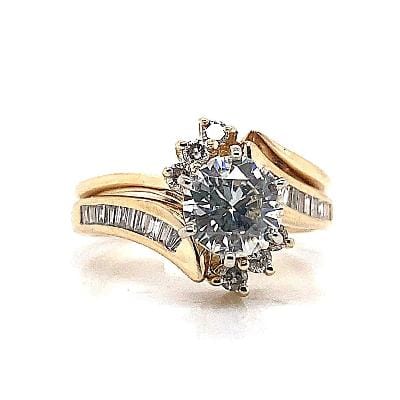 14K YELLOW GOLD 6.5MM MOISSANITE CENTER  .33 CT TW NATURAL BAGUETTE AND ROUND BRILLIANT DIAMOND ACCENT  WEDDING RING SET WITH INTERLOCKING BAND
