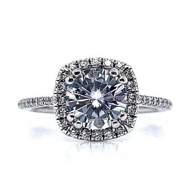 14K WHITE GOLD 6.5MM ROUND BRILLIANT MOISSANITE CENTER .25 CT TW NATURAL ROUND BRILLIANT DIAMOND ACCENT HALO STYLE RING