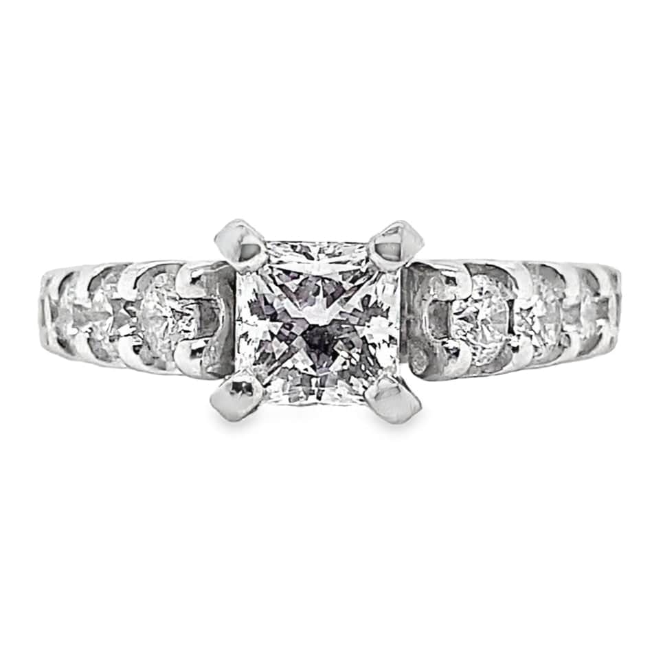 14K WHITE GOLD .80 CT NATURAL PRINCESS CUT DIAMOND CENTER H/VS2  .45 CT TW NATURAL ROUND BRILLIANT DIAMOND ACCENT  ENGAGEMENT RING