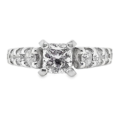14K WHITE GOLD .80 CT NATURAL PRINCESS CUT DIAMOND CENTER H/VS2  .45 CT TW NATURAL ROUND BRILLIANT DIAMOND ACCENT  ENGAGEMENT RING