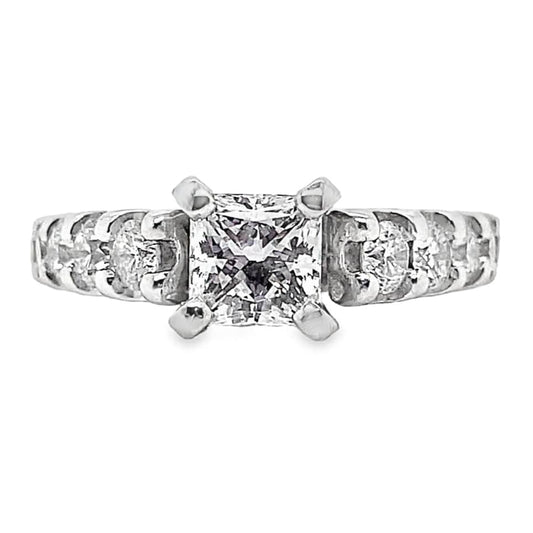 14K WHITE GOLD .80 CT NATURAL PRINCESS CUT DIAMOND CENTER H/VS2  .45 CT TW NATURAL ROUND BRILLIANT DIAMOND ACCENT  ENGAGEMENT RING