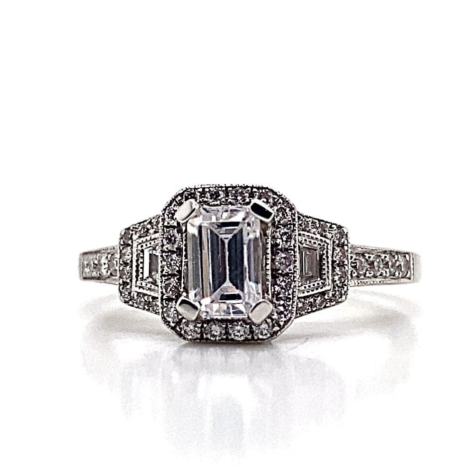 18K WHITE GOLD CZ CENTER (6X4 MM EMRALD) .65 CT TW NATURAL DIAMOND ACCENT THREE STONE HALO STYLE RING