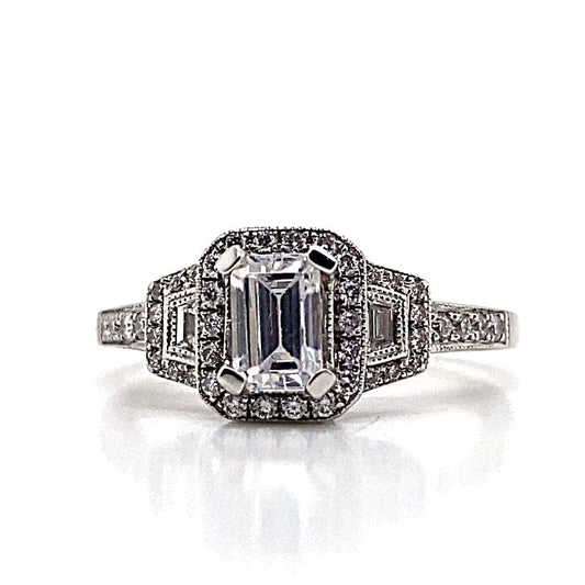18K WHITE GOLD CZ CENTER (6X4 MM EMRALD) .65 CT TW NATURAL DIAMOND ACCENT THREE STONE HALO STYLE RING