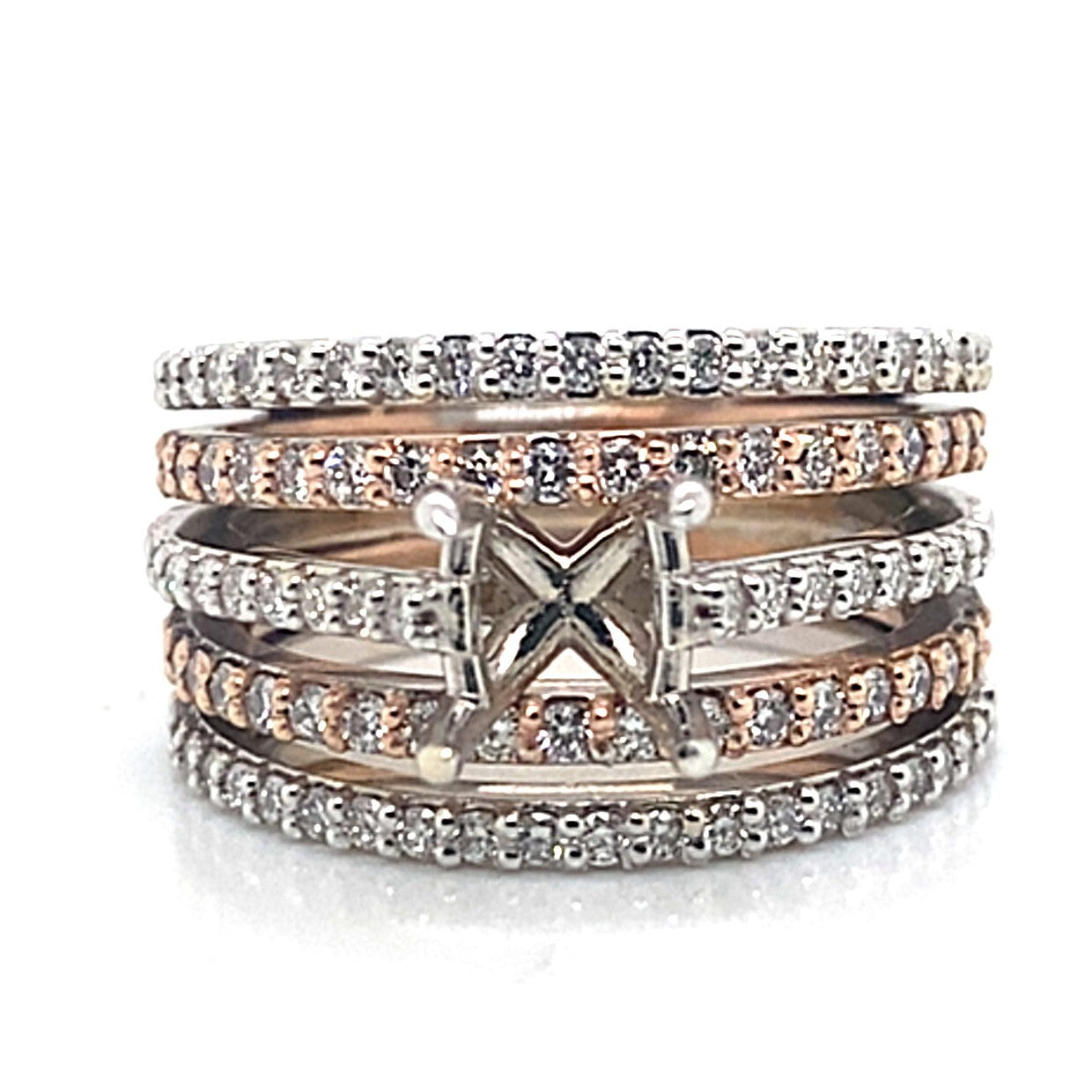 A set of four stacked rings showcases a distinctive five-band design crafted from 14K white and rose gold, accented with diamonds totaling 1.45 carats, and featuring an X-shaped centerpiece without a central stone.