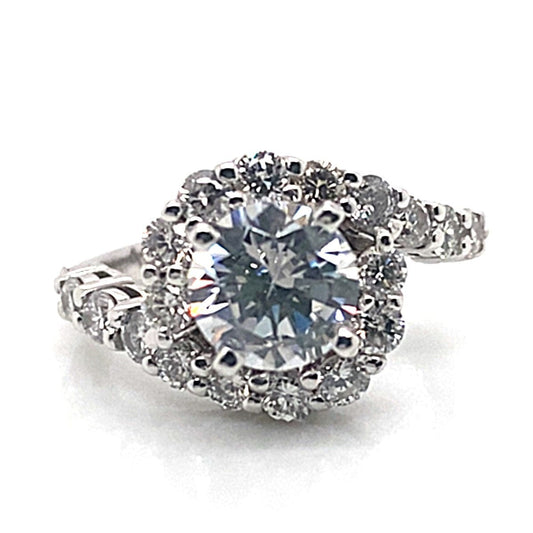 14K WHITE GOLD CZ CENTER (7.5MM RBC) .80 CT TW NATURAL ROUND BRILLIANT DIAMOND ACCENT RING