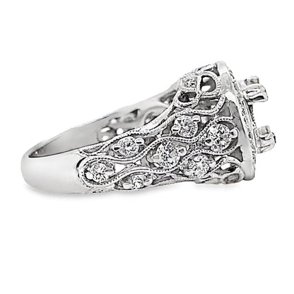 18K WHITE GOLD NO CENTER (7.5 MM RBC) .60 CT TW NATURAL ROUND BRILLIANT DIAMOND ACCENT UNIQUE CUSTOM HALO STYLE RING