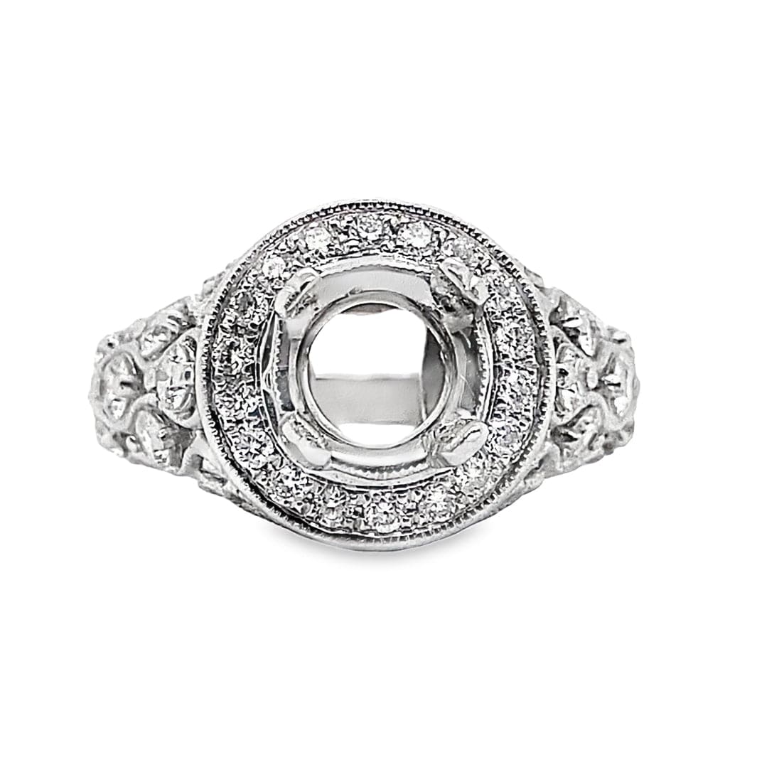 18K WHITE GOLD NO CENTER (7.5 MM RBC) .60 CT TW NATURAL ROUND BRILLIANT DIAMOND ACCENT UNIQUE CUSTOM HALO STYLE RING