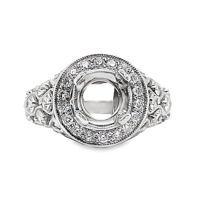 18K WHITE GOLD NO CENTER (7.5 MM RBC) .60 CT TW NATURAL ROUND BRILLIANT DIAMOND ACCENT UNIQUE CUSTOM HALO STYLE RING