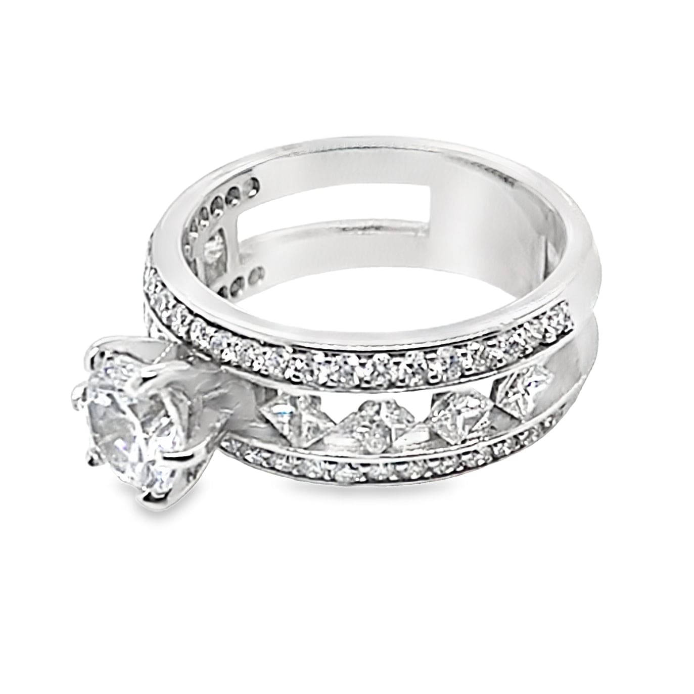 14K WHITE GOLD CZ CENTER (6.5 MM RBC) 1.30 CT TW NATURAL ROUND BRILLIANT AND PRINCESS DIAMOND ACCENT FLOATING STYLE RING