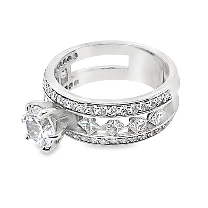 14K WHITE GOLD CZ CENTER (6.5 MM RBC) 1.30 CT TW NATURAL ROUND BRILLIANT AND PRINCESS DIAMOND ACCENT FLOATING STYLE RING