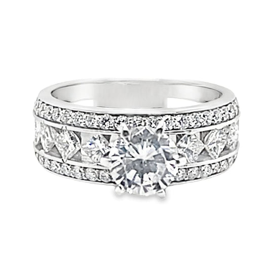 14K WHITE GOLD CZ CENTER (6.5 MM RBC) 1.30 CT TW NATURAL ROUND BRILLIANT AND PRINCESS DIAMOND ACCENT FLOATING STYLE RING