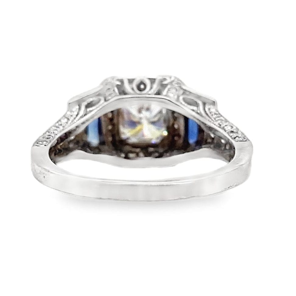 18K WHITE GOLD 6 MM PRINCESS MOISSANITE CENTER .30 CT NATURAL TRAPIZOID BLUE SAPPHIRE ACCENT .60 CT TW NATURAL ROUND BRILLIANT DIAMOND ACCENT  HALO STYLE RING