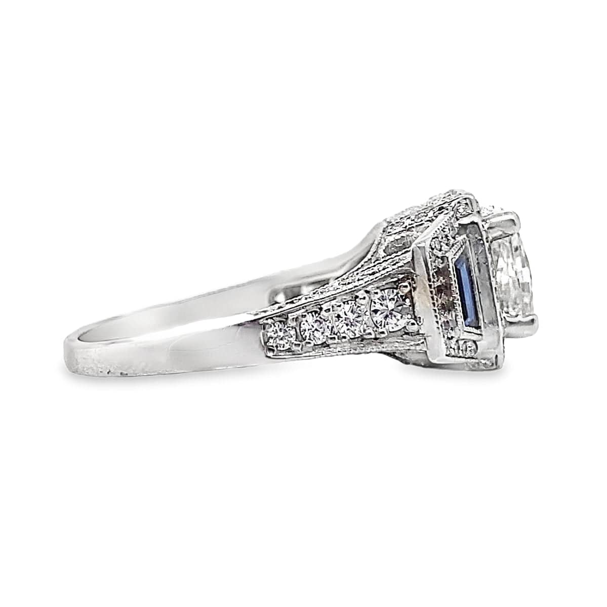 18K WHITE GOLD 6 MM PRINCESS MOISSANITE CENTER .30 CT NATURAL TRAPIZOID BLUE SAPPHIRE ACCENT .60 CT TW NATURAL ROUND BRILLIANT DIAMOND ACCENT  HALO STYLE RING