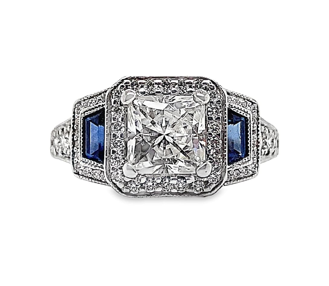 18K WHITE GOLD 6 MM PRINCESS MOISSANITE CENTER .30 CT NATURAL TRAPIZOID BLUE SAPPHIRE ACCENT .60 CT TW NATURAL ROUND BRILLIANT DIAMOND ACCENT  HALO STYLE RING
