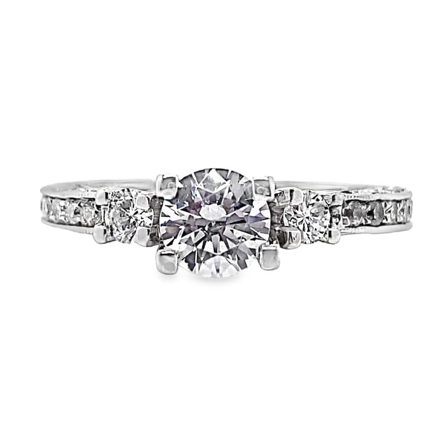 18K WHITE GOLD CZ CENTER (6 MM RBC) 1.30 CT TW NATURAL ROUND BRILLIANT DIAMOND ACCENT THREE STONE SCALLOPED DESIGN STYLE RING