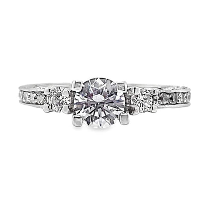 18K WHITE GOLD CZ CENTER (6 MM RBC) 1.30 CT TW NATURAL ROUND BRILLIANT DIAMOND ACCENT THREE STONE SCALLOPED DESIGN STYLE RING