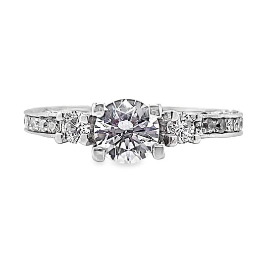 18K WHITE GOLD CZ CENTER (6 MM RBC) 1.30 CT TW NATURAL ROUND BRILLIANT DIAMOND ACCENT THREE STONE SCALLOPED DESIGN STYLE RING