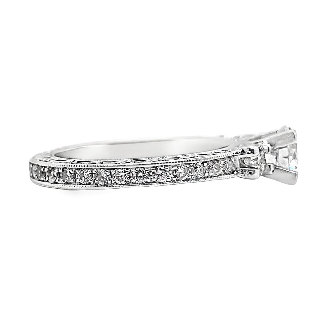 18K WHITE GOLD CZ CENTER (6 MM RBC) 1.30 CT TW NATURAL ROUND BRILLIANT DIAMOND ACCENT THREE STONE SCALLOPED DESIGN STYLE RING