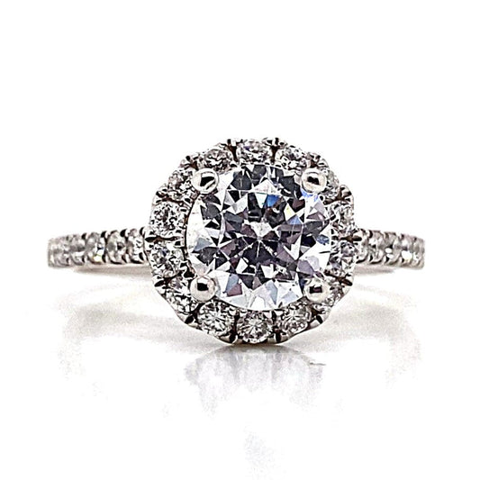 14K WHITE GOLD CZ CENTER (6 MM RBC) .45 CT TW NATURAL ROUND BRILLIANT DIAMOND ACCENT ROUND HALO STYLE RING