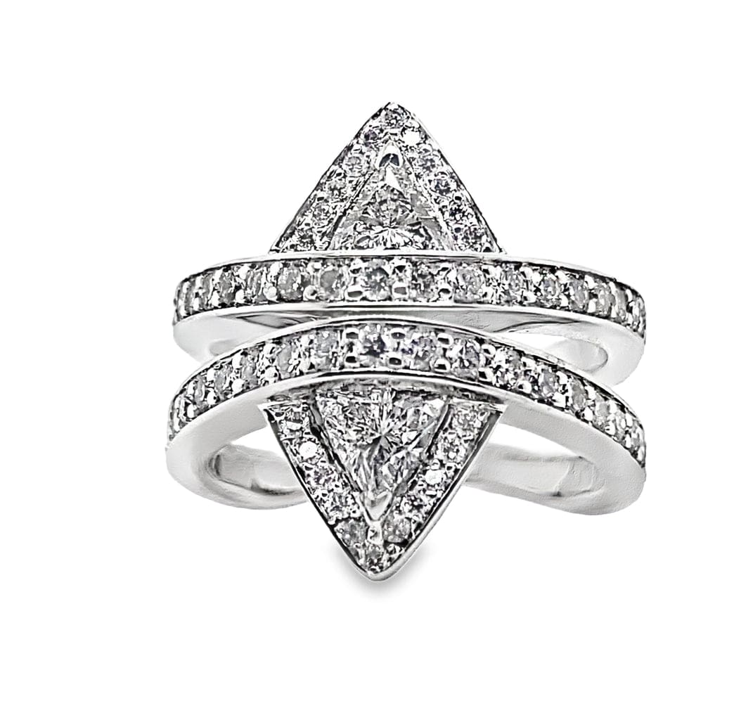 14K WHITE GOLD  .63 CT TW NATURAL TRILLION DIAMOND 1.35 CT TW NATURAL ROUND BRILLIANT DIAMOND ACCENT SPLIT SHANK WITH TWO TRILLION HALO STYLE RING WITH SQUARE SHANK