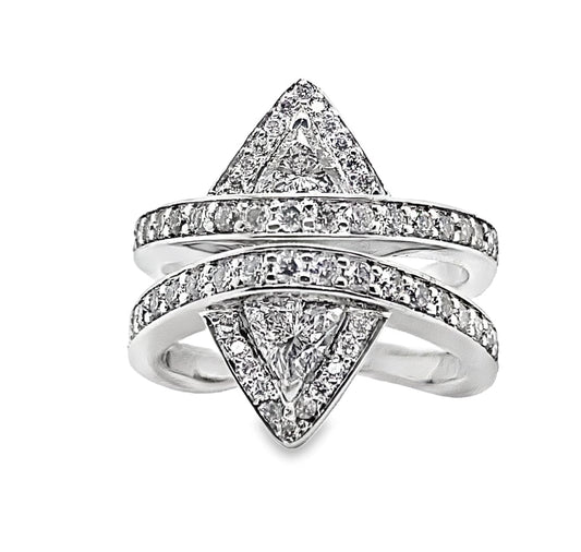 14K WHITE GOLD  .63 CT TW NATURAL TRILLION DIAMOND 1.35 CT TW NATURAL ROUND BRILLIANT DIAMOND ACCENT SPLIT SHANK WITH TWO TRILLION HALO STYLE RING WITH SQUARE SHANK