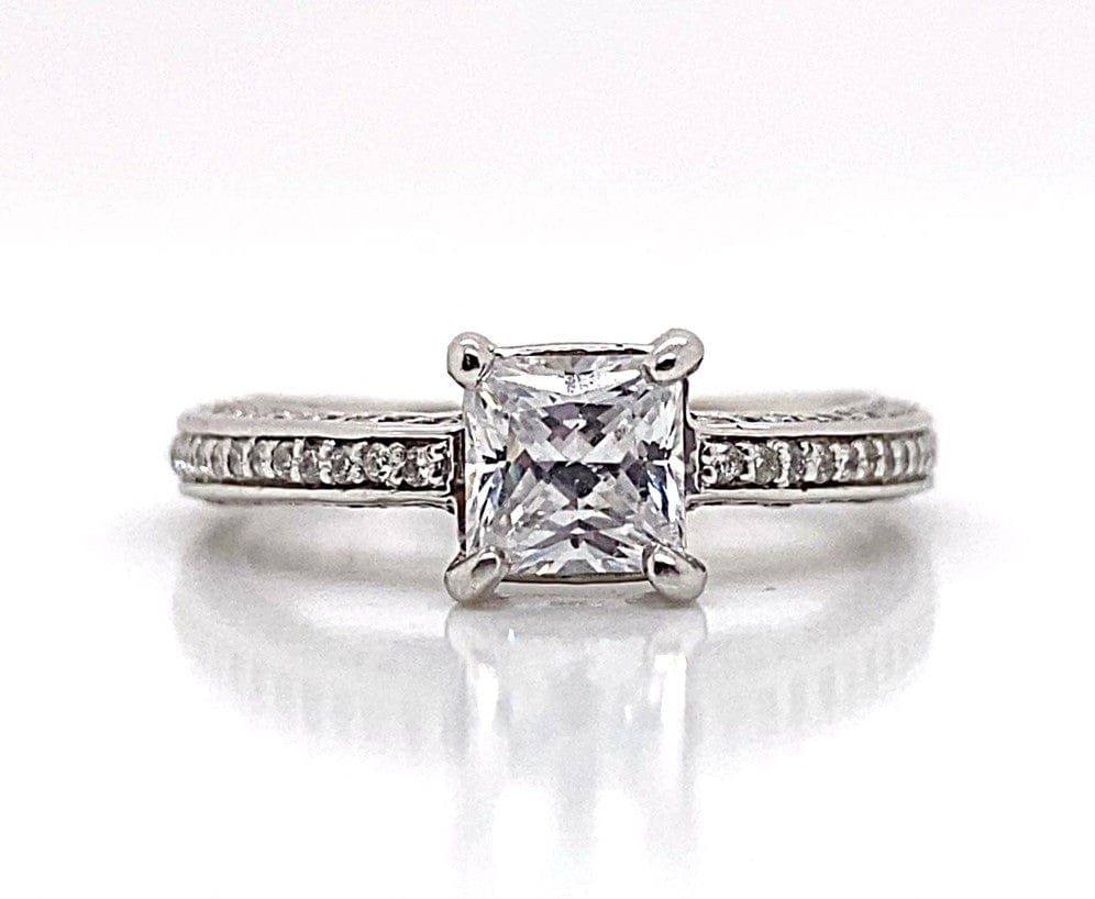 14K WHITE GOLD CZ CENTER (5.5 MM PRINCESS) .65 CT TW NATURAL ROUND BRILLIANT DIAMOND ACCENT ENGAGEMENT RING WITH A SQUARE SHANK