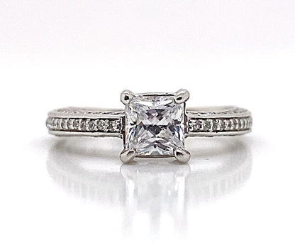 14K WHITE GOLD CZ CENTER (5.5 MM PRINCESS) .65 CT TW NATURAL ROUND BRILLIANT DIAMOND ACCENT ENGAGEMENT RING WITH A SQUARE SHANK