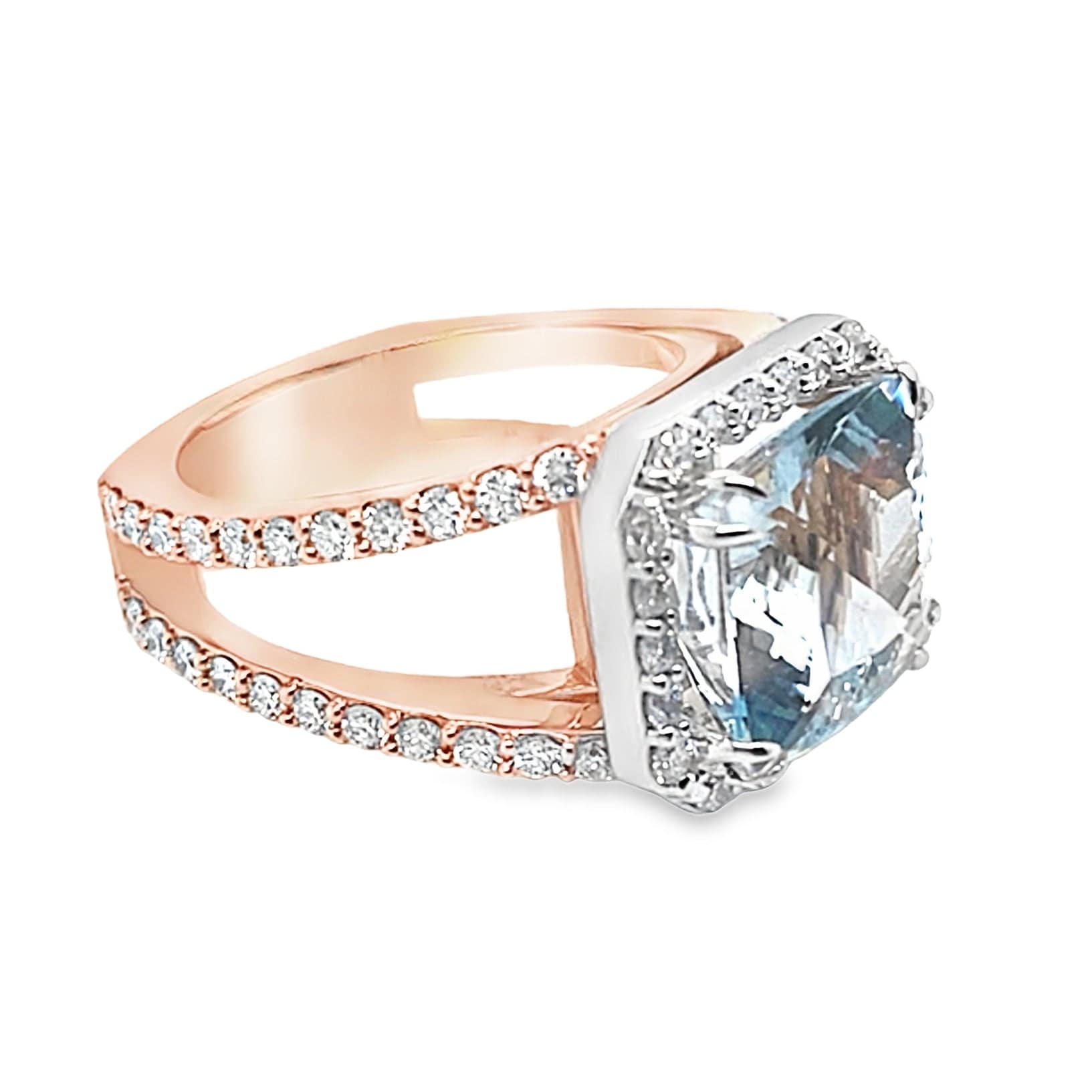 14K ROSE GOLD AND WHITE GOLD 5.95 CT AQUAMARINE AAA QUALITY 1.55 CT TW LAB GROWN DIAMOND ACCENT CUSTOM RING