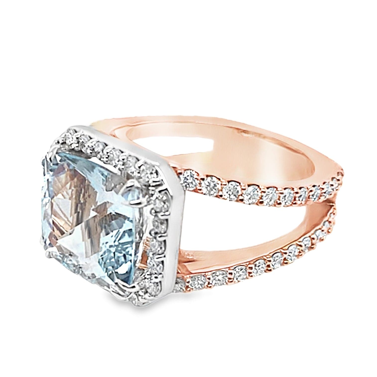14K ROSE GOLD AND WHITE GOLD 5.95 CT AQUAMARINE AAA QUALITY 1.55 CT TW LAB GROWN DIAMOND ACCENT CUSTOM RING