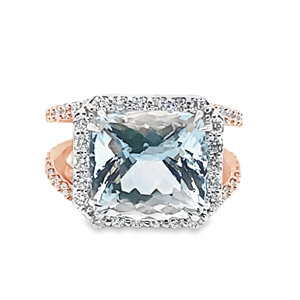 14K ROSE GOLD AND WHITE GOLD 5.95 CT AQUAMARINE AAA QUALITY 1.55 CT TW LAB GROWN DIAMOND ACCENT CUSTOM RING