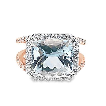14K ROSE GOLD AND WHITE GOLD 5.95 CT AQUAMARINE AAA QUALITY 1.55 CT TW LAB GROWN DIAMOND ACCENT CUSTOM RING