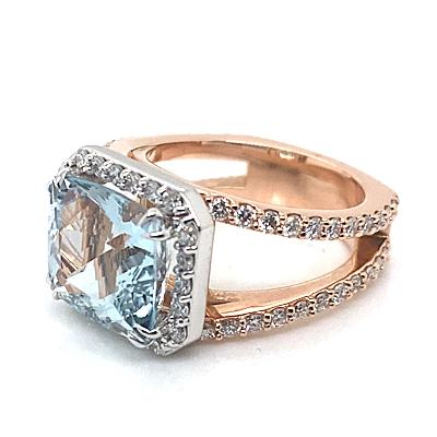 14K ROSE GOLD AND WHITE GOLD   5.95 CT AQUAMARINE AAA QUALITY   1.55 CT TW LAB GROWN DIAMOND ACCENT   CUSTOM RING (SIDEVIEW)