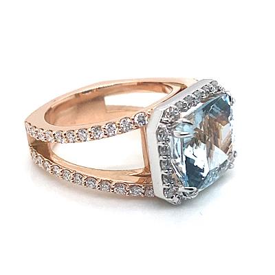 14K ROSE GOLD AND WHITE GOLD   5.95 CT AQUAMARINE AAA QUALITY   1.55 CT TW LAB GROWN DIAMOND ACCENT   CUSTOM RING (SIDEVIEW)