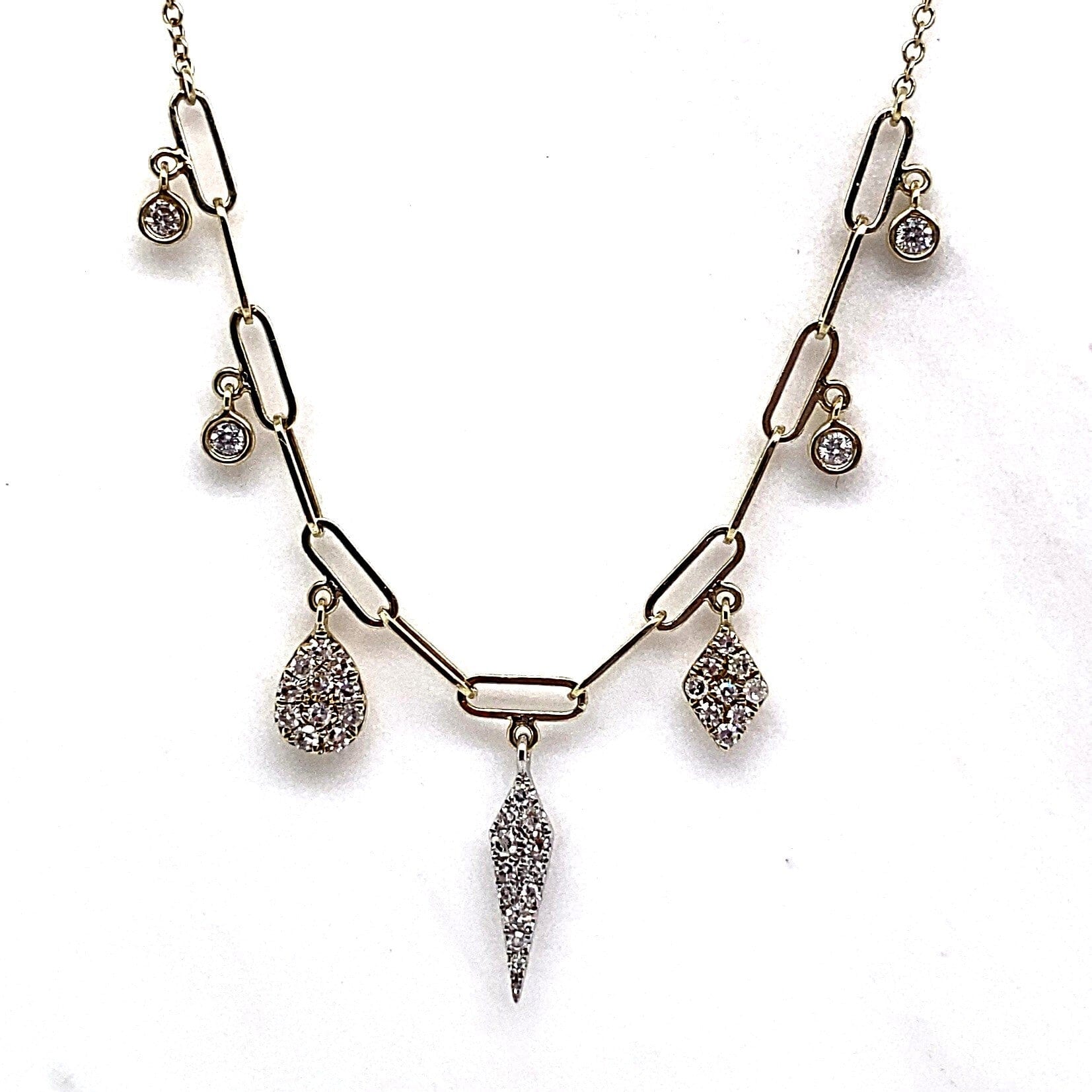 14K YELLOW AND WHITE GOLD .28 CT TW NATURAL DIAMOND PAPER CLIP STYLE NECKLACE  WITH DANGLE CHARMS