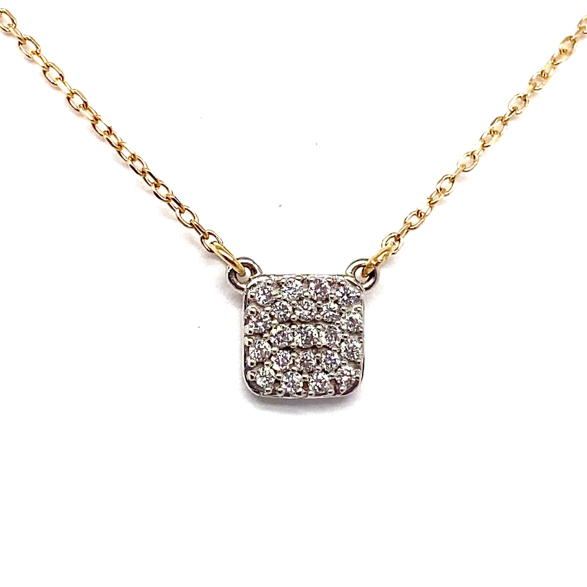 Discover the 14K yellow and white gold necklace, showcasing a square-shaped pendant adorned with 1/6 CT TW natural round brilliant diamonds in a pave setting, elegantly displayed on a white background.