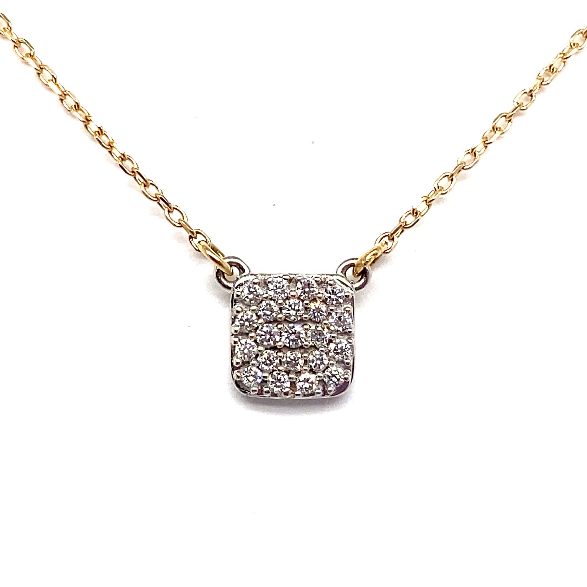 The 14K Yellow and White Gold 1/6 CT TW Natural Round Brilliant Diamond Pave Set Square Shape Necklace shines beautifully against a pristine white background.