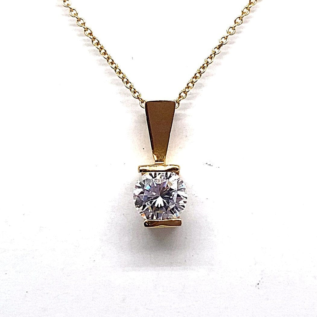 14K YELLOW GOLD CZ CENTER (7MM RBC) CHANNEL SET PENDANT AND CHAIN