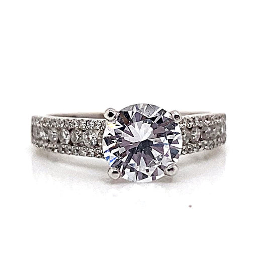 18K WHITE GOLD CZ CENTER (7 MM RBC) .80 CT TW NATURAL ROUND BRILLIANT DIAMOND ACCENT THREE ROW STYLE RING