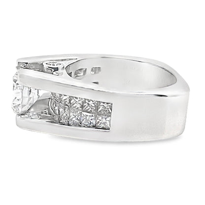 14K WHITE GOLD CZ CENTER (8.5MM RBC) 2.60 CT NATRUAL CUT ACCENT 2 ROWS OF PRINCESS CUT INVISIBLE SET RING