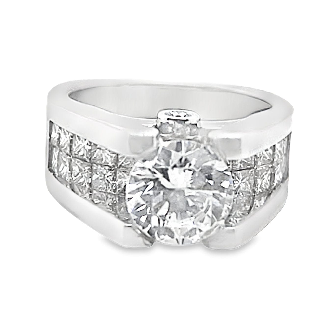 14K WHITE GOLD CZ CENTER (8.5MM RBC) 2.60 CT NATRUAL CUT ACCENT 2 ROWS OF PRINCESS CUT INVISIBLE SET RING