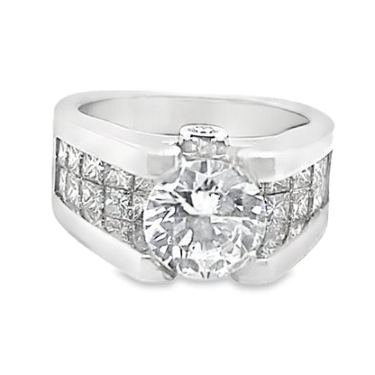 14K WHITE GOLD CZ CENTER (8.5MM RBC) 2.60 CT NATRUAL CUT ACCENT 2 ROWS OF PRINCESS CUT INVISIBLE SET RING